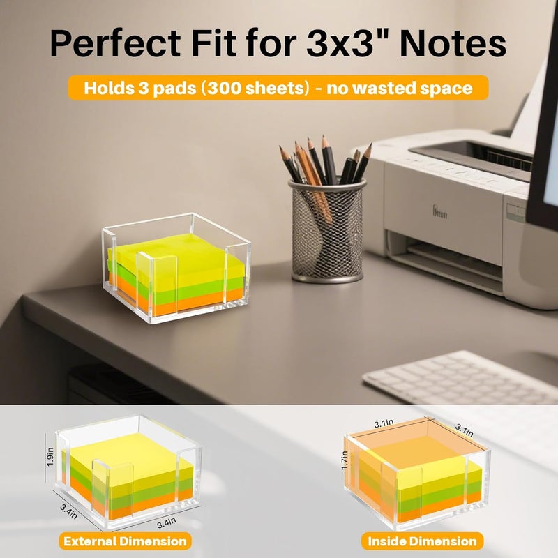 Yncotte Acrylic Sticky Note Holder, 3x3 Inch Clear Dual Openings Square Notepad Organizer with Anti-Slip Base, Sticky Note Dispenser Memo Holder Case for Desk Office School Supplies(No Pads) - Image 2